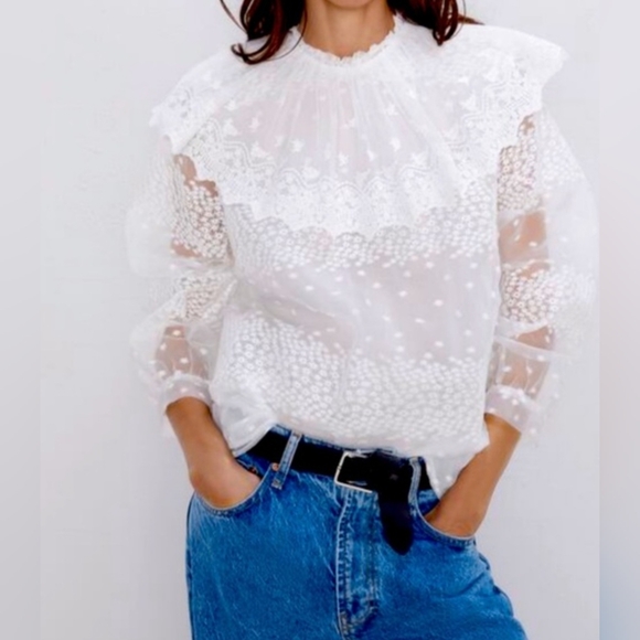 Zara Tops - Zara white Sheer women's Long sleeves Ruffle Blouse size XS